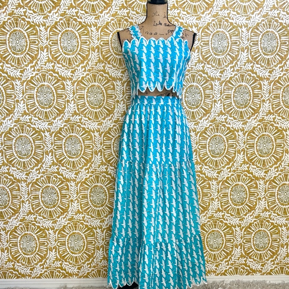 Victoria Dunn Lupine Scalloped Cotton Crane Print Top Skirt Set Sz XS RARE - Picture 6 of 15